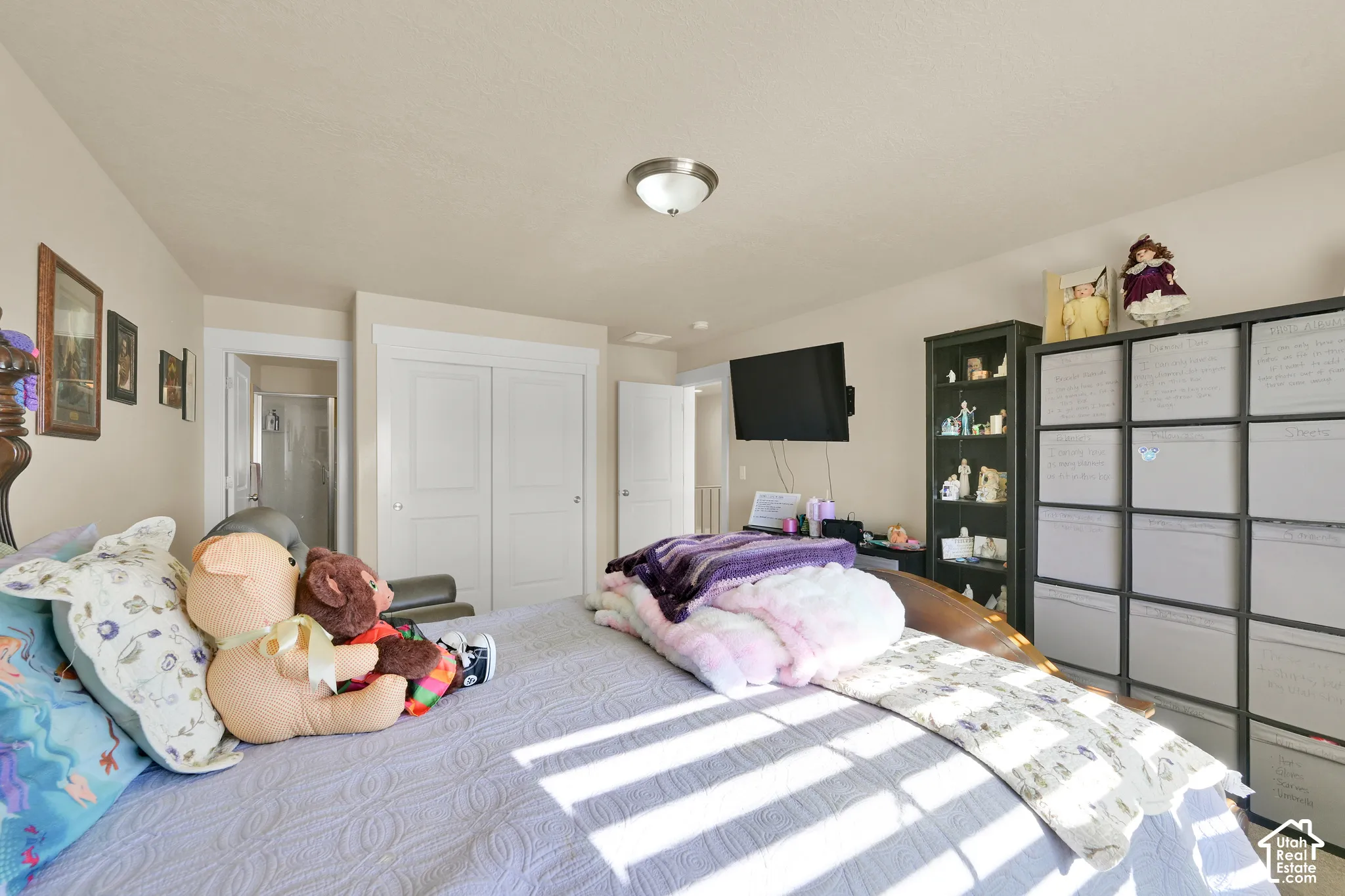 Room featuring two-panel interior doors, crisp white door casings, and a flush-mount brushed nickel lighting fixture