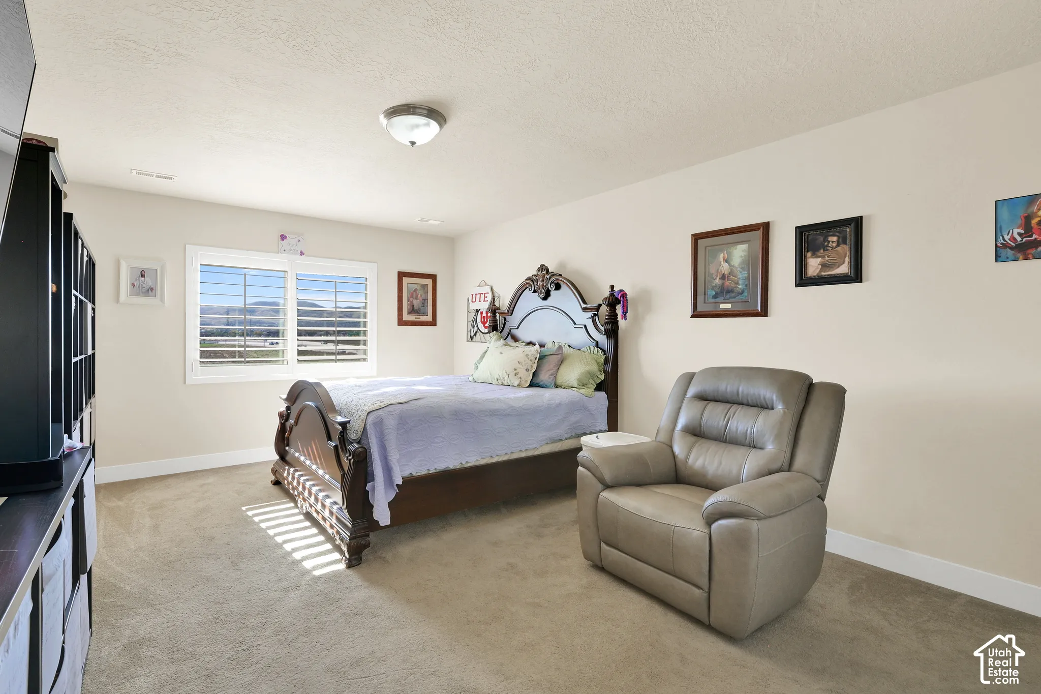 Neutral wall-to-wall carpeting, wide window with horizontal shutters, and mountain scenery