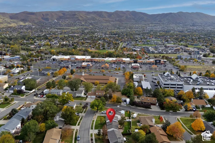 Aerial perspective featuring prominent mountain range backdrop and surrounding mature trees