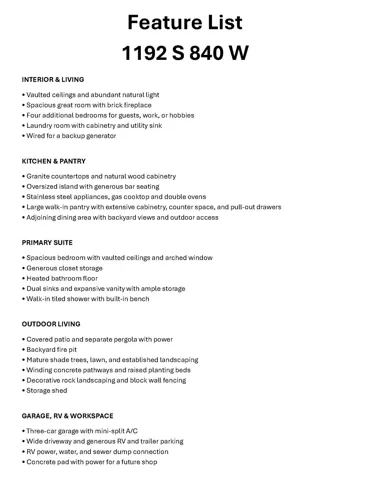Feature List. Inventory of structural components, appliances, and exterior amenities pertaining to the property