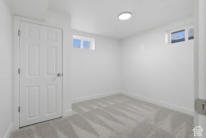 Neutral-toned carpeting, white interior walls, two inset windows, and a flush-mount ceiling light fixture
