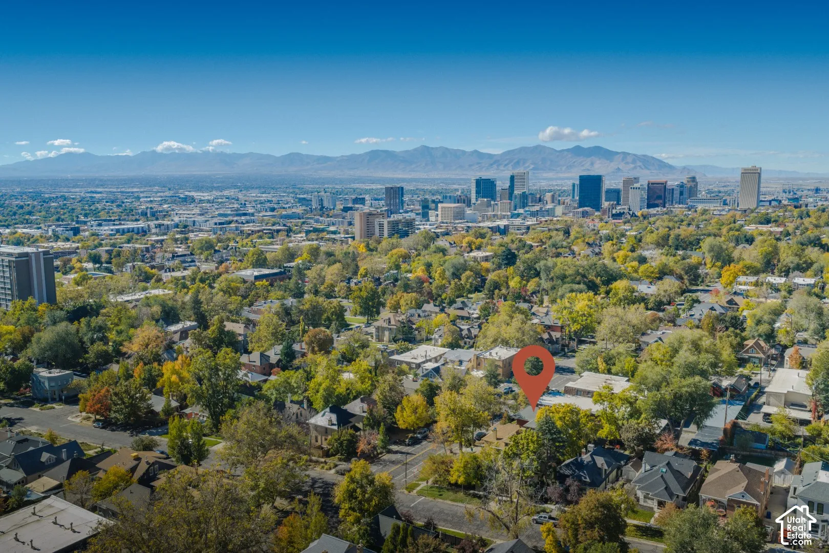 Aerial perspective featuring an established neighborhood canopy with proximity to the metropolitan skyline and mountain range backdrop