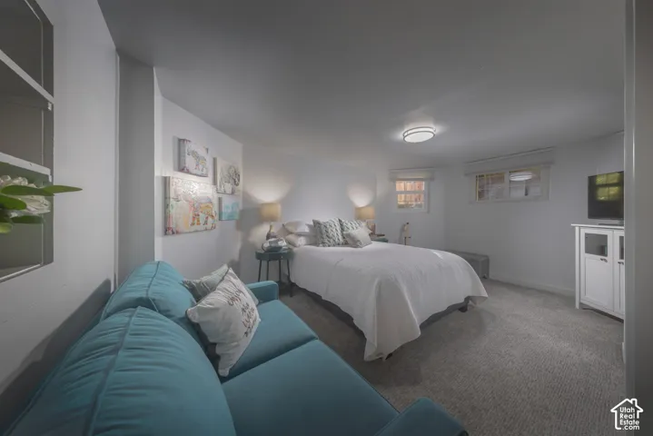 Neutral wall tones, carpeted flooring, built-in wall shelving, and inset windows