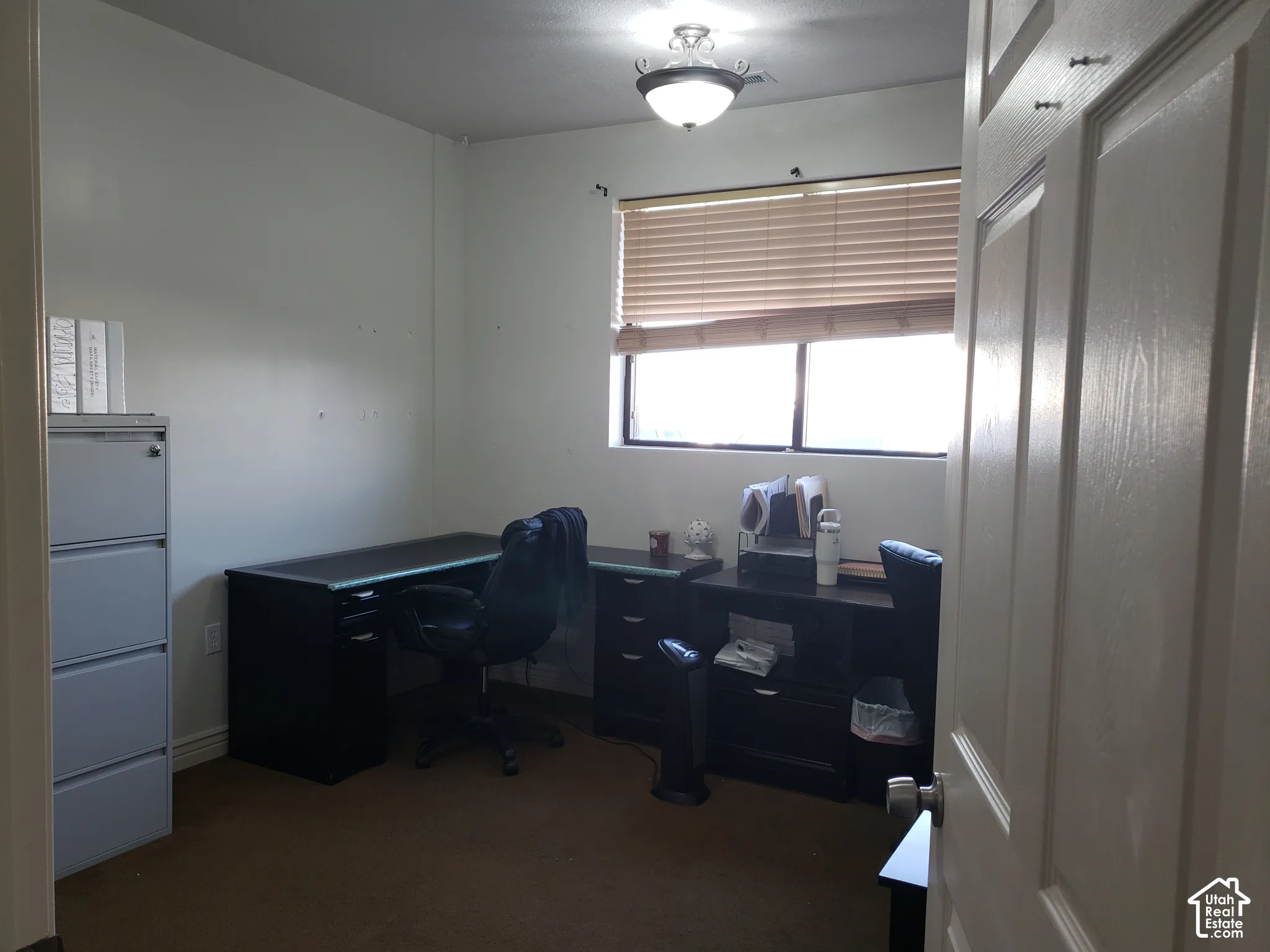 Room featuring neutral-toned carpeting, a horizontal window with fitted blinds, and an overhead flush-mount light fixture