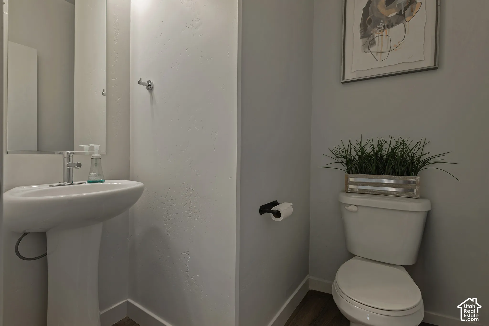 White pedestal sink with a chrome single-handle faucet, wall-mounted mirror, matte black toilet paper holder, and wood-finish flooring