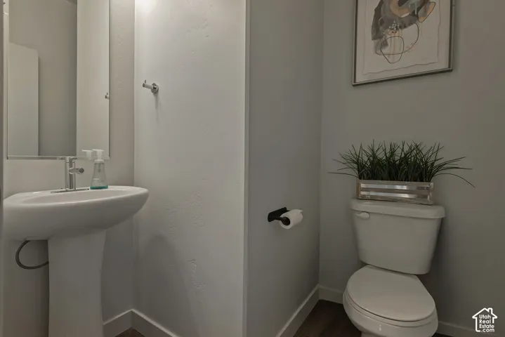 White pedestal sink with a chrome single-handle faucet, wall-mounted mirror, matte black toilet paper holder, and wood-finish flooring