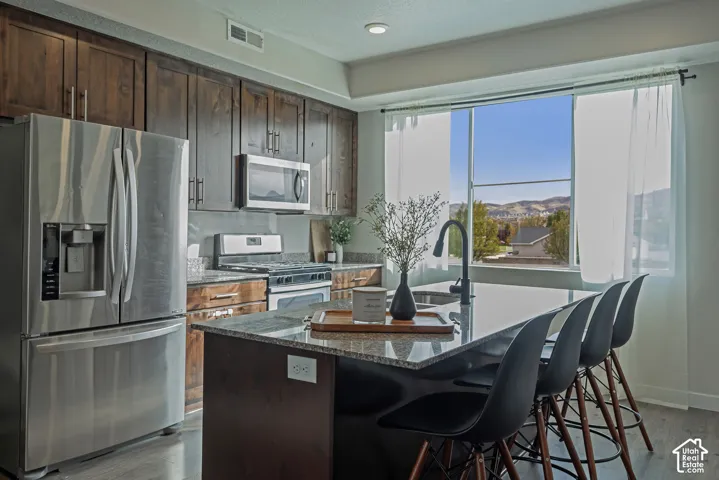 Kitchen featuring dark wood-finish cabinetry, stone-composite countertops, stainless steel appliances, a center island with a high-arch faucet, and large windows with mountain scenery
