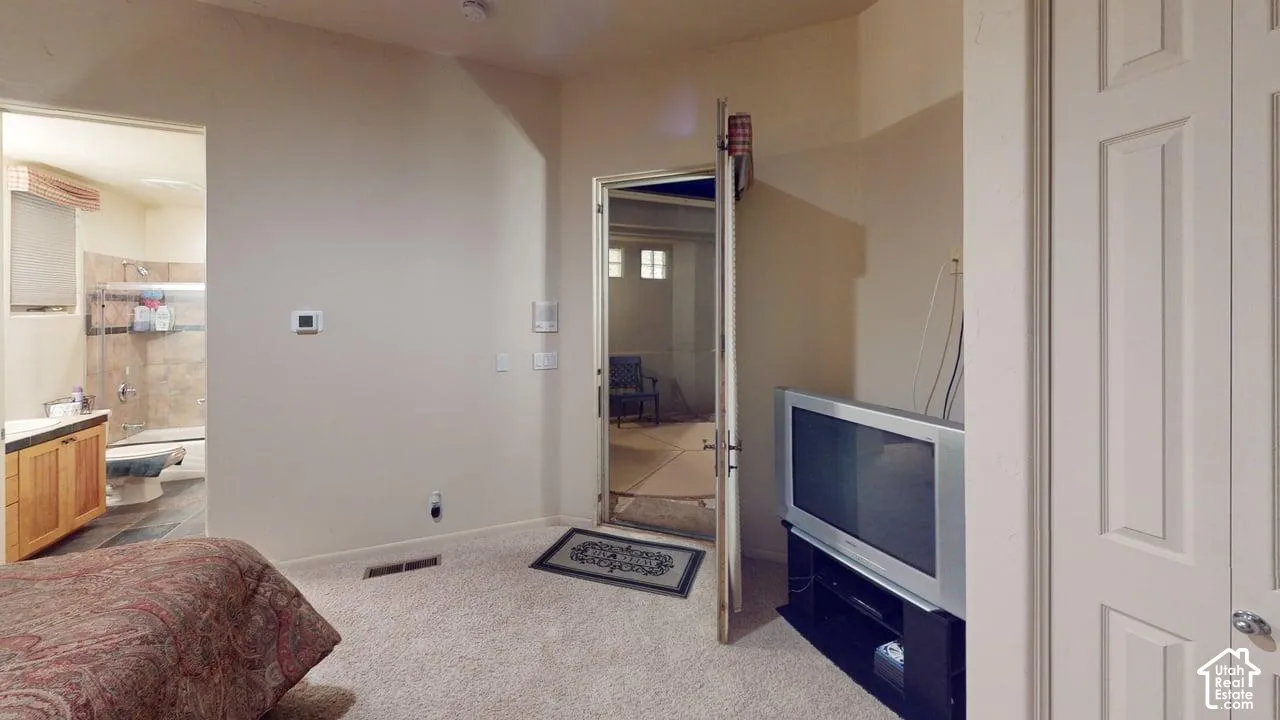 Neutral-toned carpet, paneled interior doors, and wood-finish bathroom cabinetry