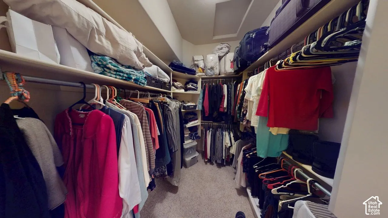 Walk-in closet featuring extensive built-in shelving and dual-tier hanging rods