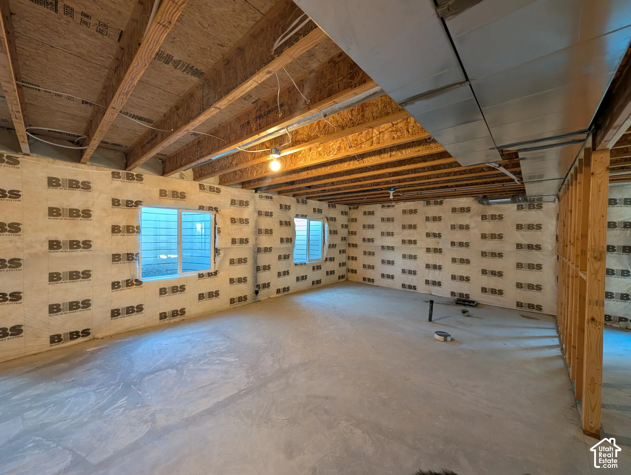Unfinished lower level featuring exposed wood joist ceilings, concrete flooring, insulated wall paneling, and two egress-style windows