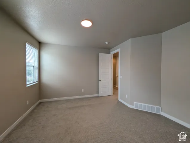 Neutral-toned interior space featuring carpeted flooring, a multi-panel interior door, and a single window with slatted blinds