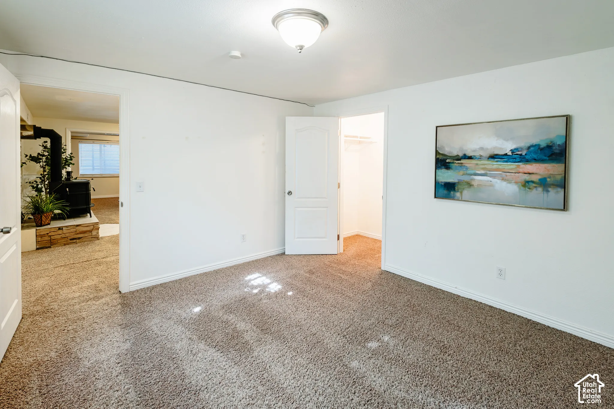 Room interior featuring wall-to-wall carpeting, flush-mount ceiling lighting, and a closet with a single-panel interior door