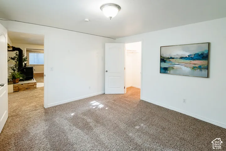 Room interior featuring wall-to-wall carpeting, flush-mount ceiling lighting, and a closet with a single-panel interior door
