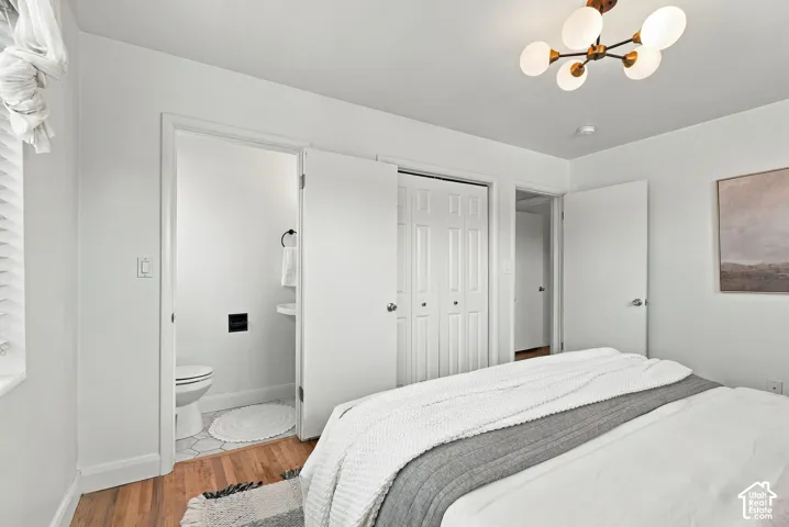 Room featuring wood-finish flooring, a six-light sputnik-style fixture with matte brass finish, and a closet with bifold doors