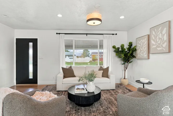 Interior space featuring wood-finish flooring, a contemporary drum-style ceiling light, large window with horizontal blinds, and a modern black entry door with a vertical glass panel