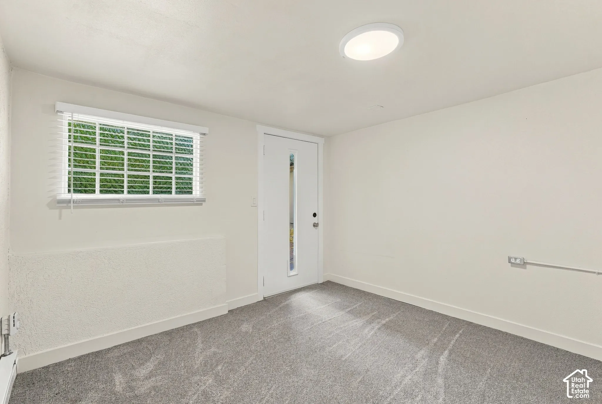 Neutral-toned carpeted room featuring a white door with a vertical glass inset, a horizontal window with blinds, and a flush-mount circular ceiling light