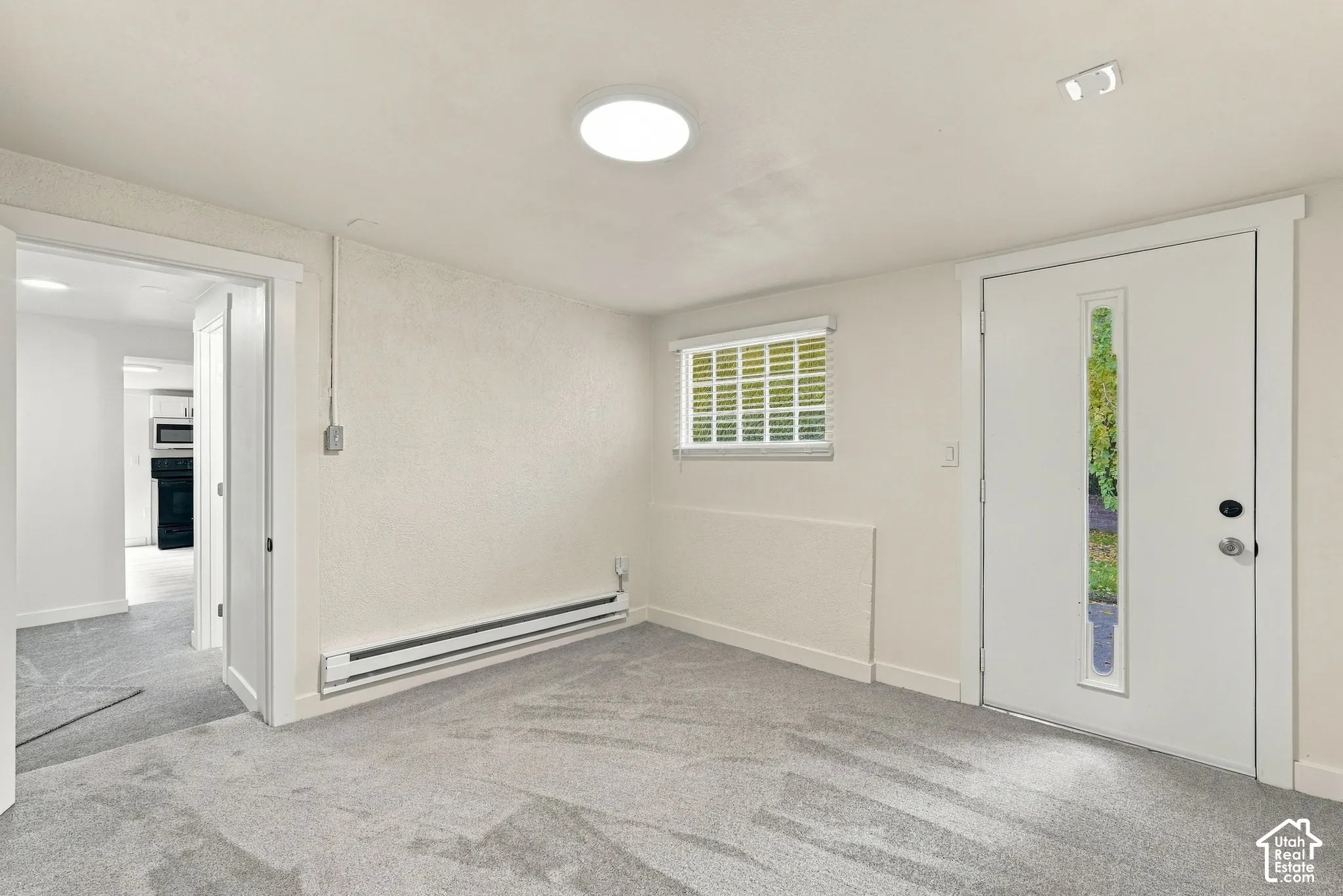 Neutral-toned carpeted flooring, white flush-mount ceiling lighting, exterior entry door featuring a vertical glass inlay, and a single-pane window with grid detailing