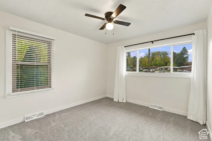 Neutral-toned wall-to-wall carpeting, dual-pane windows with horizontal blinds, and a central ceiling fan with integrated lighting