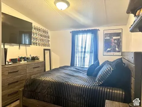 Bedroom featuring neutral wall paint, carpeted flooring, a flush-mount ceiling light fixture, and a single window with a curtain rod