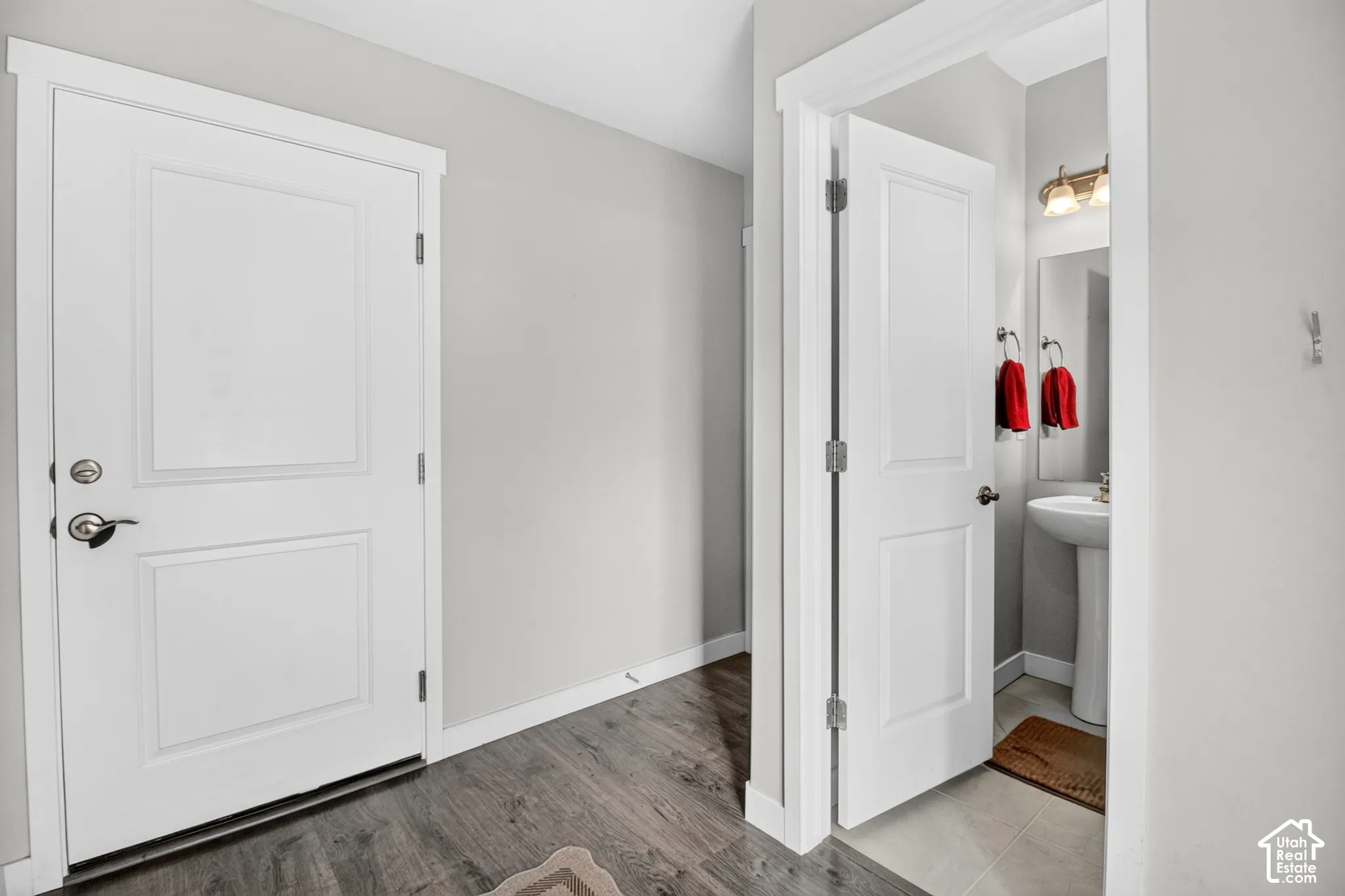 Entryway featuring wood-finish flooring, two-panel interior doors with metallic hardware, neutral wall paint, and a pedestal sink fixture