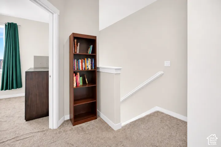 Neutral-toned wall finish, wall-to-wall carpeting, and painted white trim featuring a structural handrail