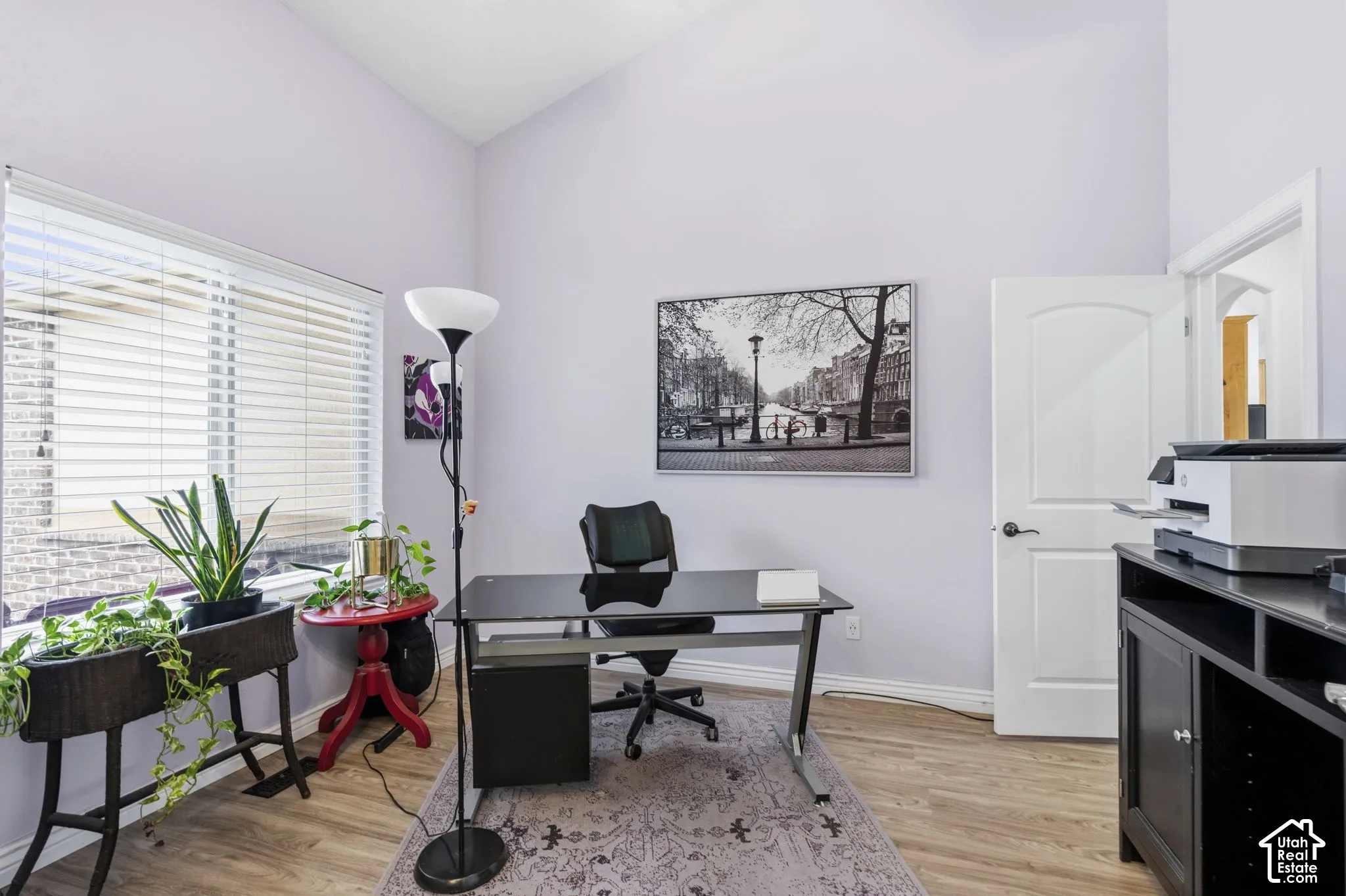 Vaulted ceiling, wood-finish flooring, and natural light provided by a large window