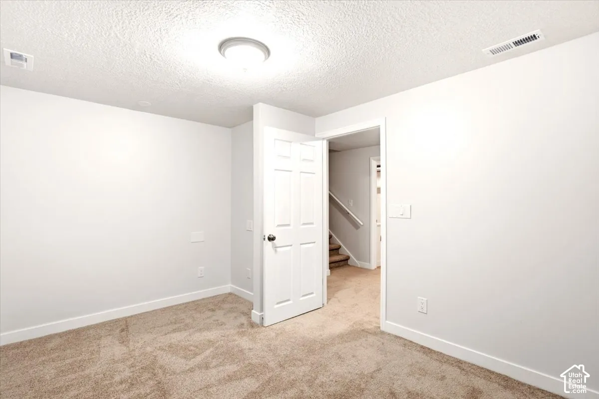 Neutral-toned wall paint, neutral carpeting, and a six-panel interior door