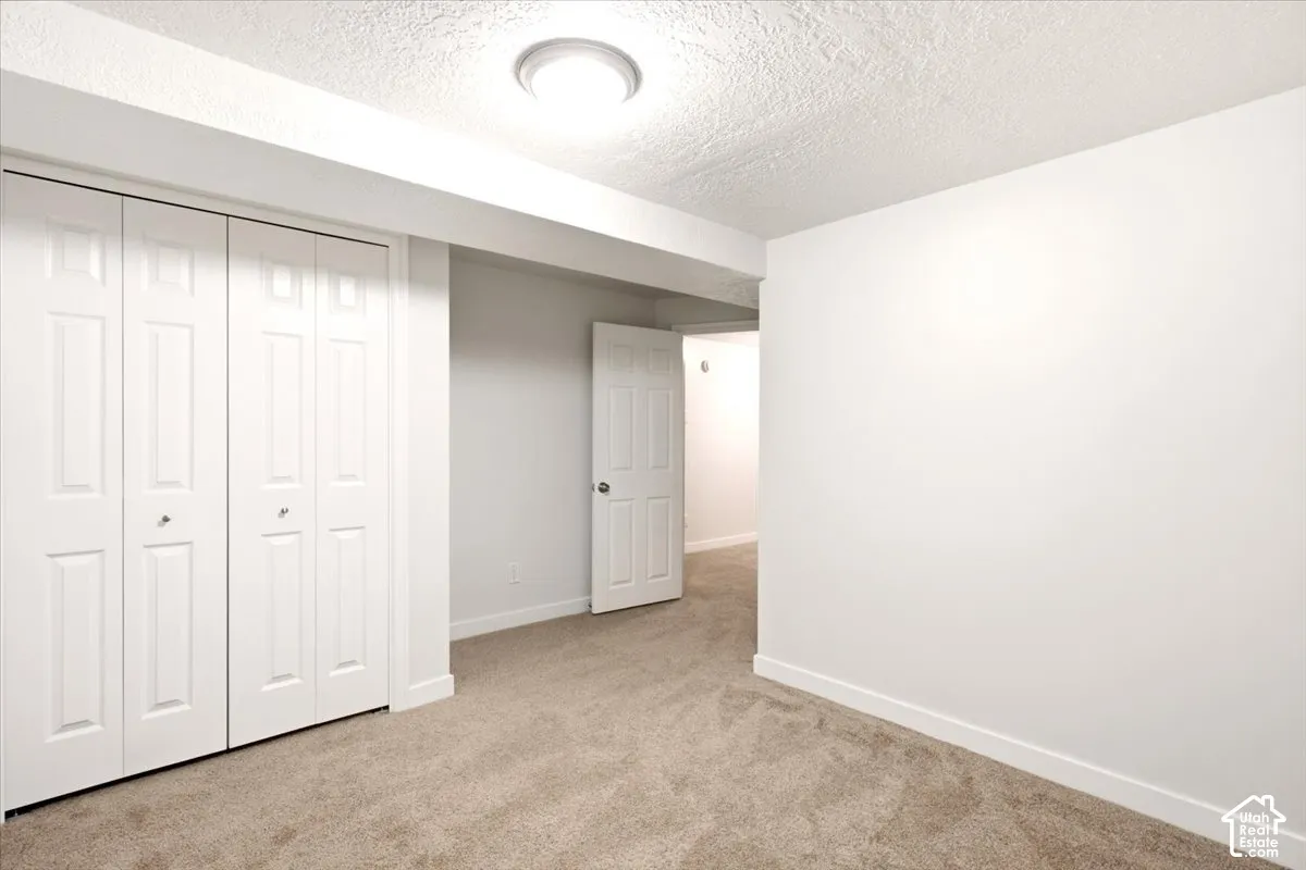 Neutral-toned carpeting, white walls, flush-mount ceiling lighting, and double-panel bifold closet doors