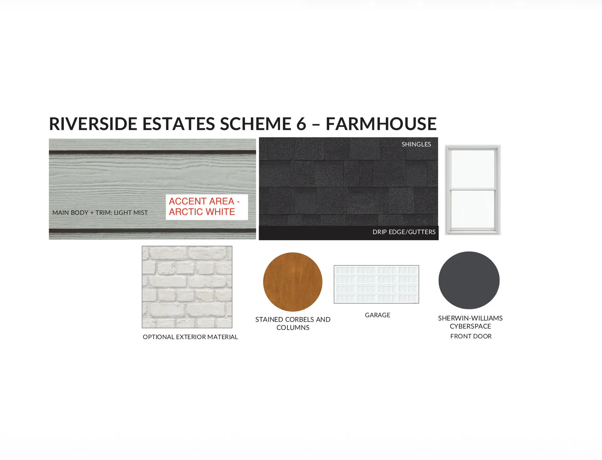 Exterior Specification Sheet. Identifying building materials, finishes, and color palettes for the property