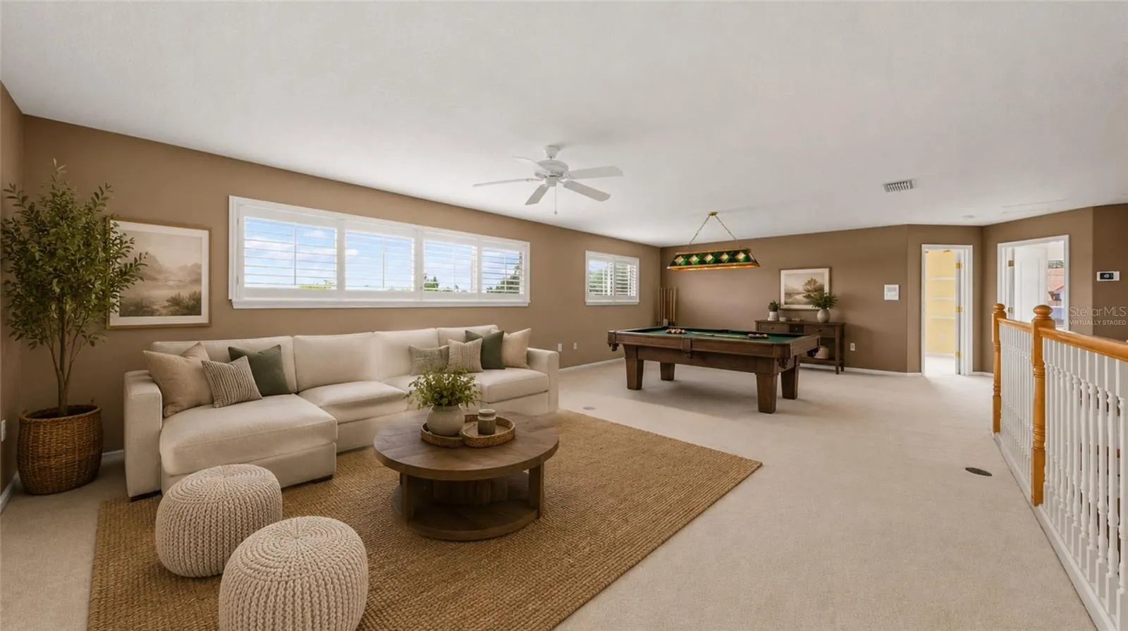 Extra large loft for family time, complete w/ pool table & card/game table. (virtually staged)