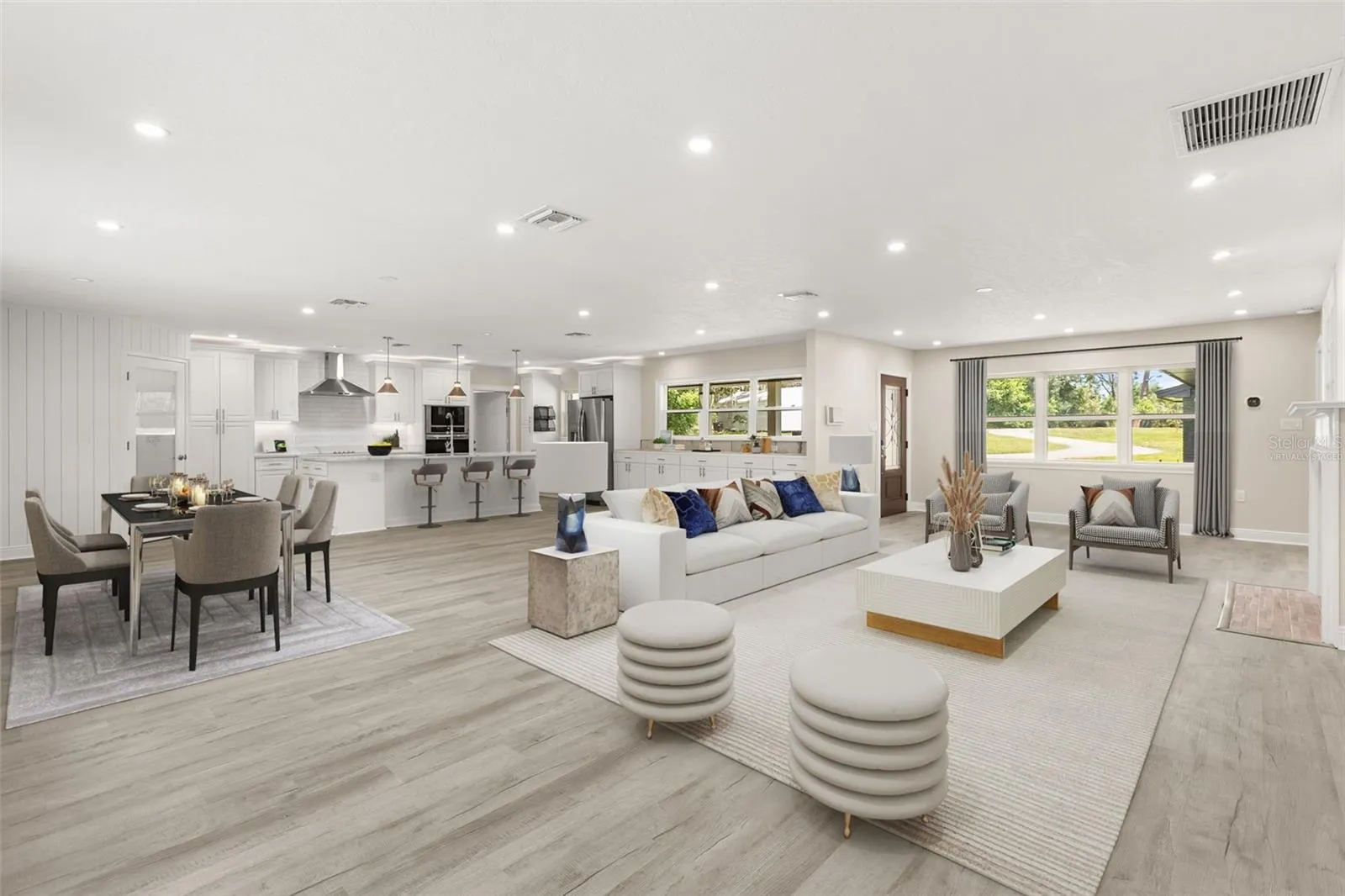 Great Room virtually staged: Entry, Living Room, Dining Room, Kitchen
