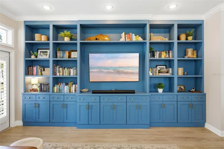 Gorgeous custom built in for storage and display.