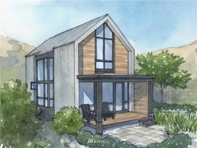 Home plans for the home plans designed for Vineyard District Homesite 501, a 2-story, 1,100 SF 2bd/3bth home featuring metal siding, metal roof, oversized windows, and cedar exterior details.