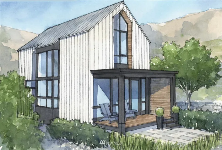 Home plans for the home plans designed for Vineyard District Homesite 509, a 2-story, 1,100 SF 2bd/2bth home featuring metal siding, metal roof, oversized windows, and cedar exterior details.