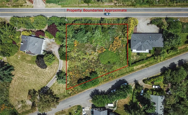 Straight down view - both parcels shown here inside boundary lines. Parcels 977-100-502 and 503 (from right to left) each have 2 septic drainfield assessments paid for giving a total of 4 BR capacity for this .42 acre building site. Water is on this side of Combs, with one water tap paid, but more available if needed. Buyer will have "tap-in" fees for connection to water, power and septic.