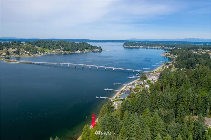 Hale Passage waterfront, Fox Island, Fox Island Bridge, and the Olympic mountains