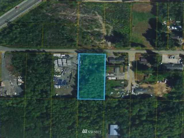 Aerial view of the subject property outlined in blue.