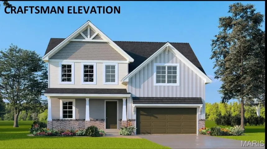 Craftsman-style home with a front lawn, an attached garage, driveway, and roof with shingles