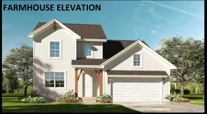 View of front of house featuring an attached garage, roof with shingles, concrete driveway, a front yard, and board and batten siding