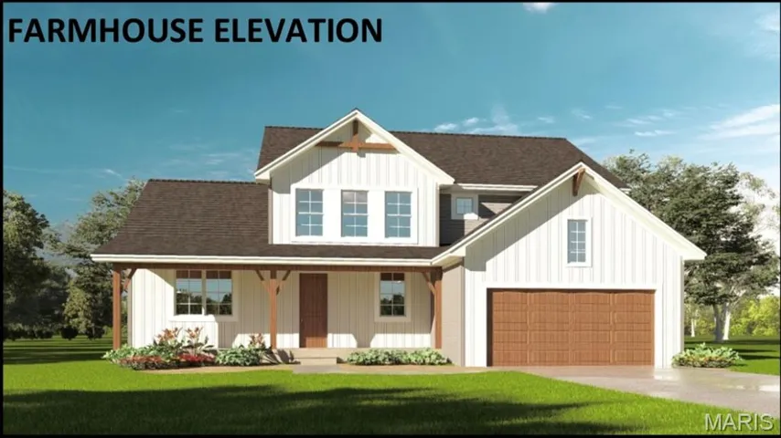 Modern inspired farmhouse with board and batten siding, a front lawn, concrete driveway, and covered porch