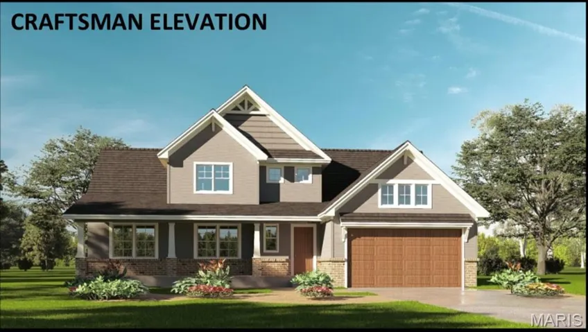 View of front of property featuring brick siding, concrete driveway, a front yard, and a porch