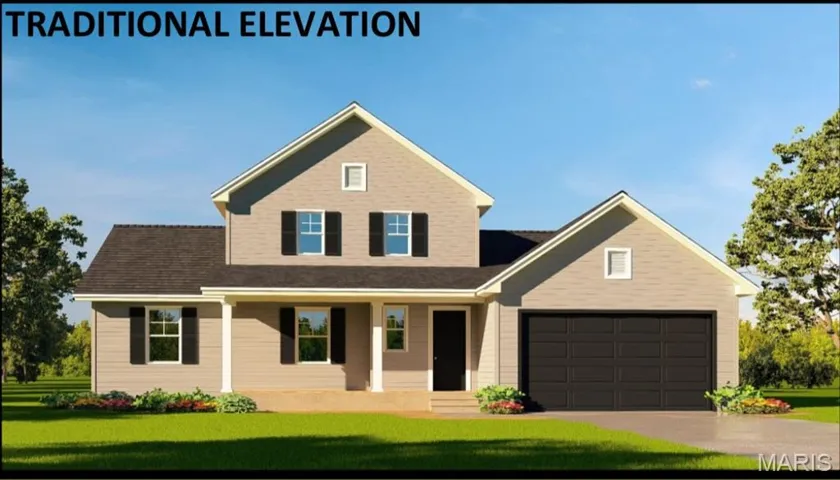 View of front of house with a front yard, an attached garage, and concrete driveway