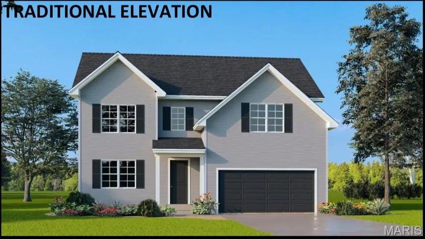 Traditional home with an attached garage, a front yard, a shingled roof, and concrete driveway