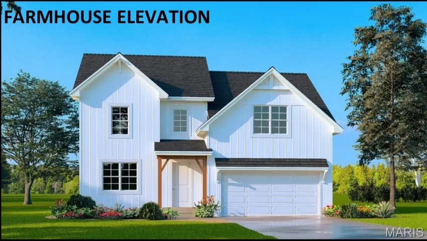 Modern inspired farmhouse with driveway, an attached garage, a front lawn, a shingled roof, and board and batten siding