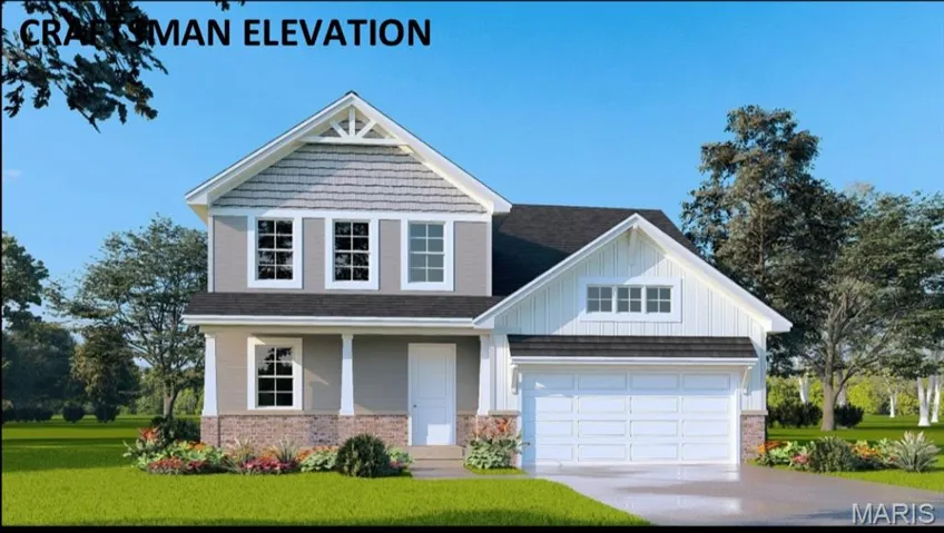 View of front of property featuring a front lawn, driveway, an attached garage, a shingled roof, and brick siding