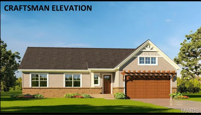 View of front facade with a front yard, brick siding, an attached garage, and driveway