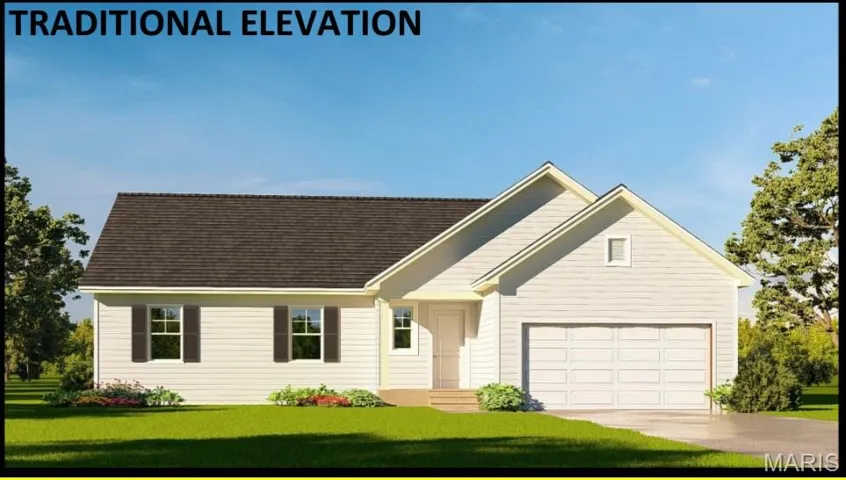 View of front facade with a front lawn, concrete driveway, a shingled roof, and a garage