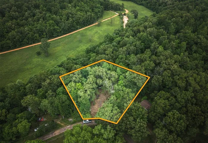 Aerial overview of property's location with a forest and property parcel outlined