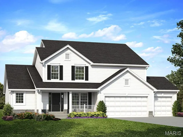 Traditional home featuring a porch, a front yard, a garage, driveway, and a shingled roof