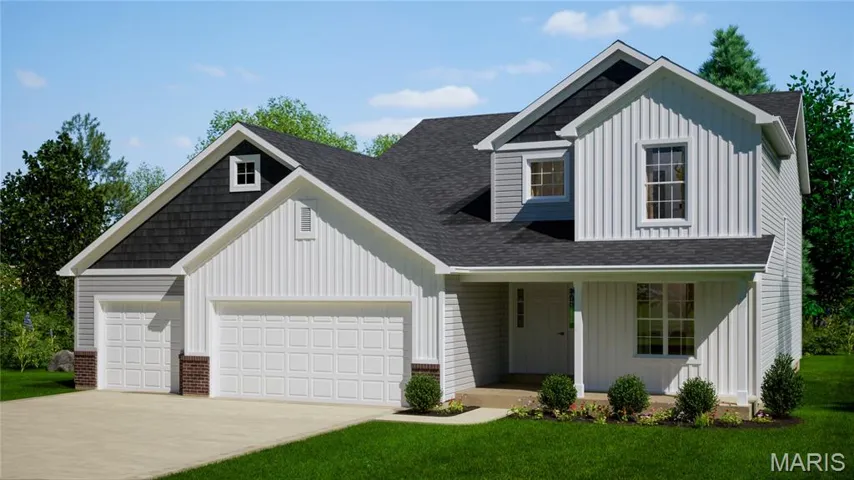 View of front of house with board and batten siding, a porch, concrete driveway, and a shingled roof
